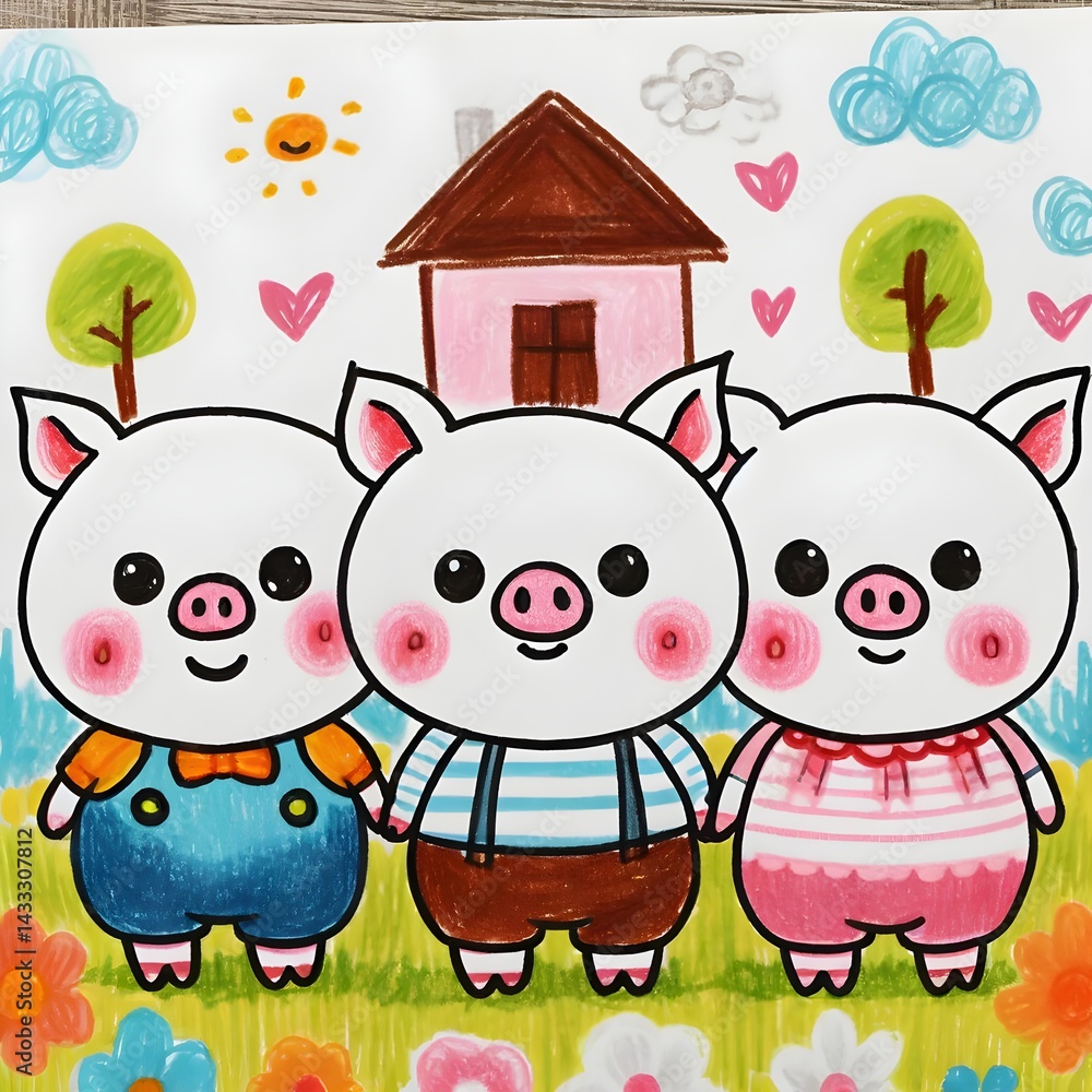Fototapeta premium Cartoon Pig Family - Three Little Pigs - Drawing