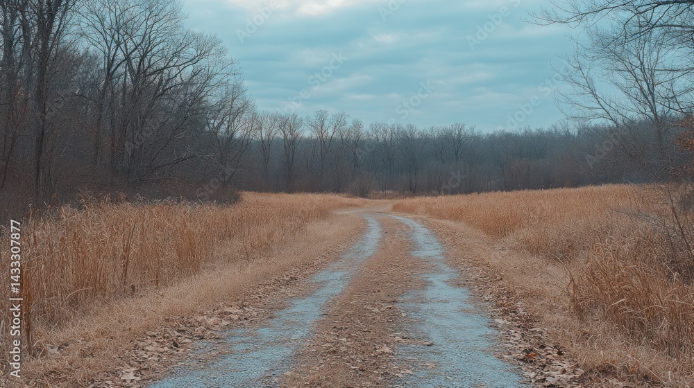 A winding gravel road through tall dry grass and trees A winding gravel road through tall dry grass and trees