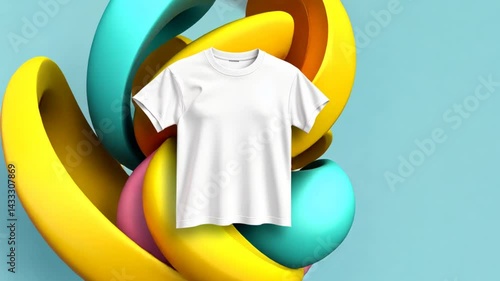 A vibrant abstract composition featuring a blank white t-shirt against colorful swirls
