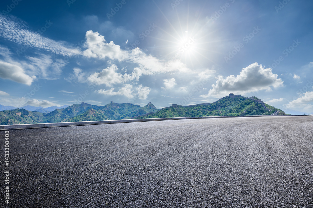 Great wall of china view with asphalt road and blue sky