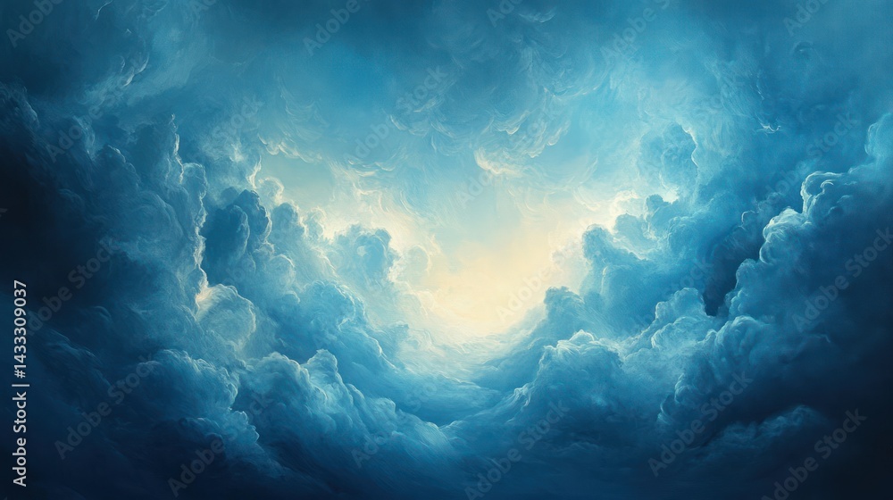 Fototapeta premium Stormy clouds burst open revealing radiant luminosity, exhibiting dramatic, majestic serene atmosphere and ethereal beauty.