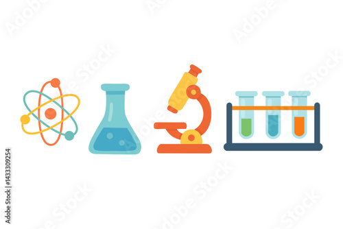 Cartoon science equipment set with microscope, atom, flasks and test tubes. Flat vector illustration for education.