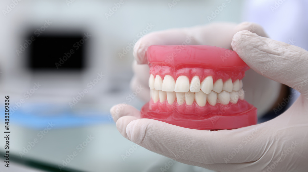 dentist gloved hands hold dental model showcasing set of teeth, emphasizing dental care and education. model is displayed clinical environment, highlighting professionalism and attention to detail