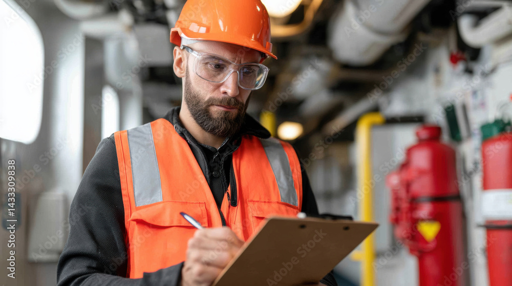 ship engineer in orange safety vest and helmet reviews checklist while taking notes on clipboard, showcasing focused and diligent approach to safety and maintenance