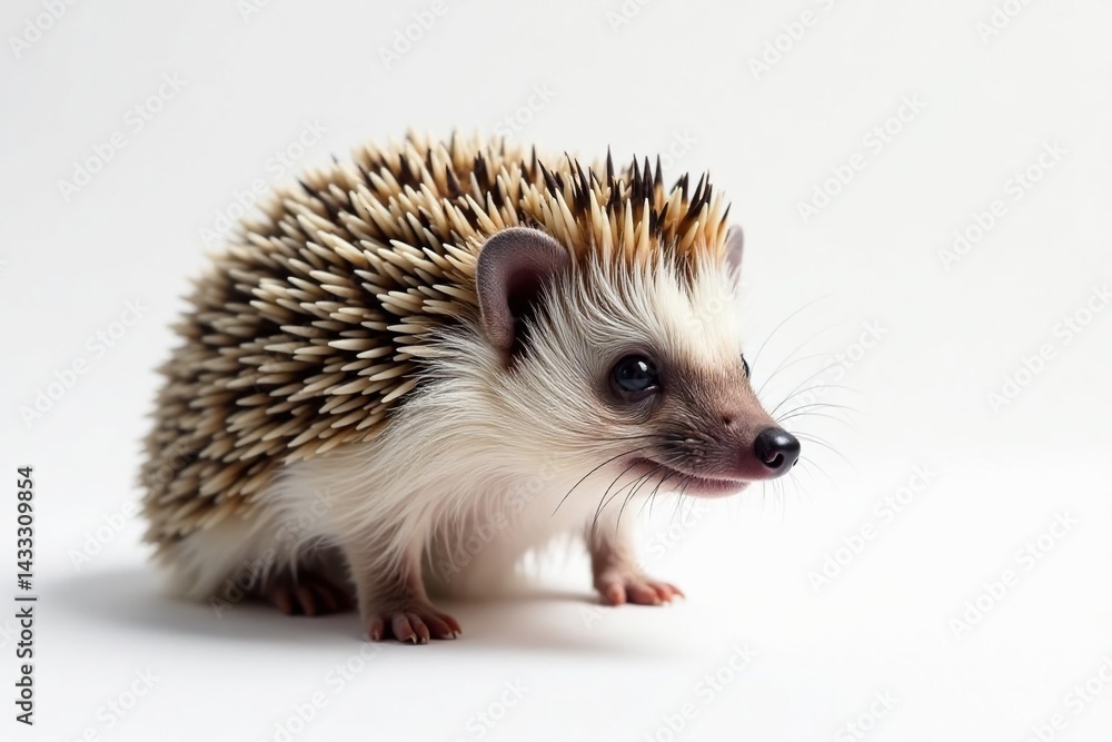 Close-up of a single hedgehog against a stark white backdrop, detail, pet Close-up of a single hedgehog against a stark white backdrop, detail, pet