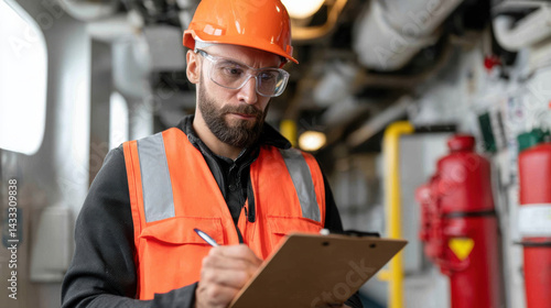 Obraz na płótnie ship engineer in orange safety vest and helmet reviews checklist while taking notes on clipboard, showcasing focused and diligent approach to safety and maintenance w salonie