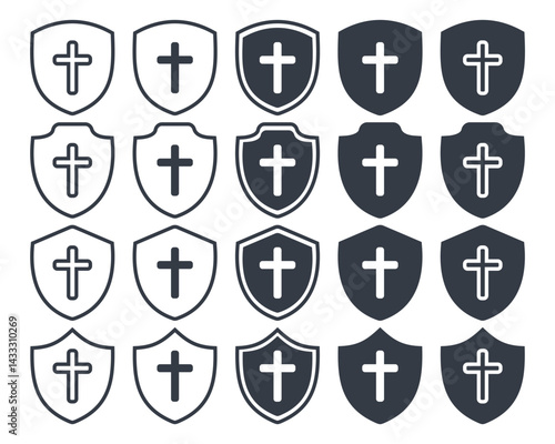 Shield with christian cross icon. Illustration vector