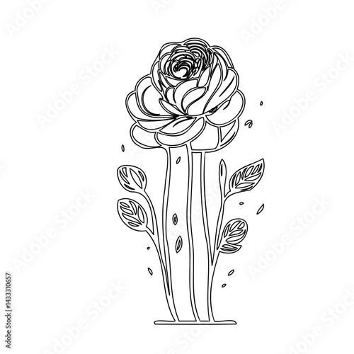 Elegant floral line art: A stylized rose illustration with delicate leaves