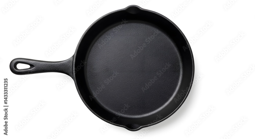 AI image displays an empty black cast iron skillet with a handle, viewed from directly above and isolated on white. AI image displays an empty black cast iron skillet with a handle, viewed from directly above and isolated on white.