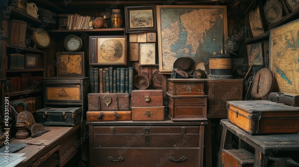 Fototapeta premium Cabin interior exhibits diverse items, maps, books, boxes displayed, evoking cozy, historical atmosphere, nostalgia.