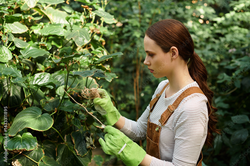Obraz premium Beautiful young woman tending to vibrant plants in a lush greenhouse environment