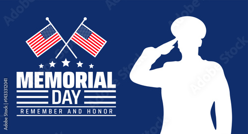 Memorial Day background, banner or poster design template with military soldier salute. Remember and honor with USA flag. United States of America. A moment of silence for United States Veterans.