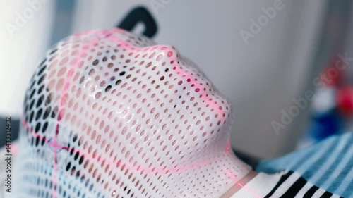 A young woman wearing an immobilization mask undergoes computed tomography before radiation therapy. Concepcion of diagnostics and therapy of cancer patients.