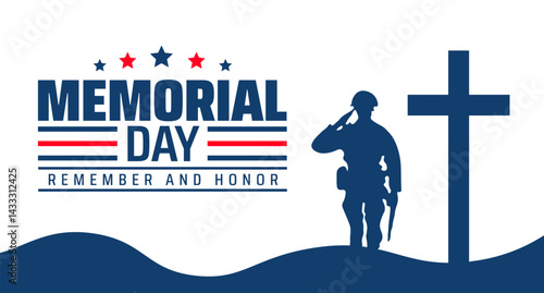 Memorial Day background, banner or poster design template with military soldier salute. Remember and honor with USA flag. United States of America. A moment of silence for United States Veterans.