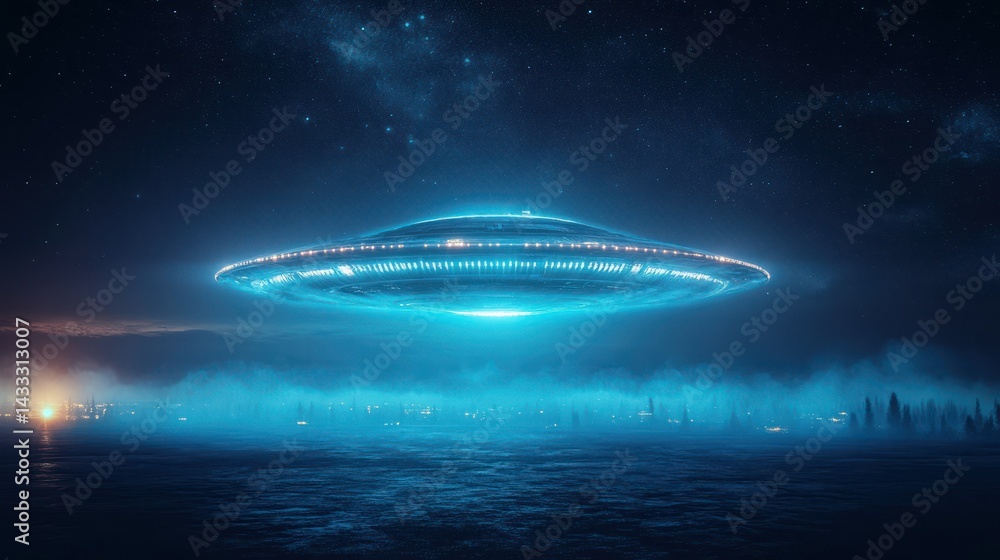 Flying saucer descends, illuminating dark foggy expanse, sparking wonder, inviting contemplation existence beyond. Flying saucer descends, illuminating dark foggy expanse, sparking wonder, inviting contemplation existence beyond.
