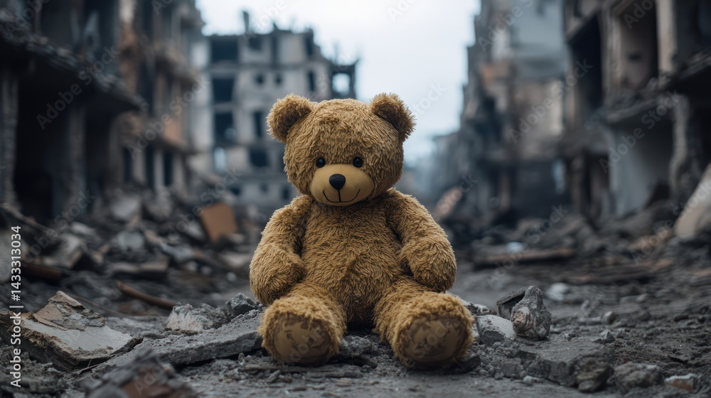 Teddy bear sits amid debris, symbolizing desolation, destruction, loss, vulnerability, despair amidst tragedy. Teddy bear sits amid debris, symbolizing desolation, destruction, loss, vulnerability, despair amidst tragedy.
