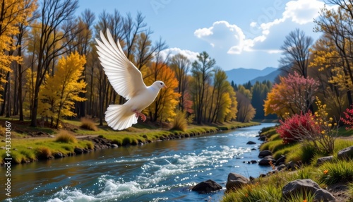 Wallpaper Mural White dove flying over river in forest, symbol of peace in natural vibrant setting Torontodigital.ca