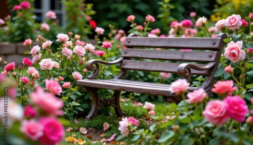 Wallpaper Mural Wooden bench surrounded by blooming roses, romantic garden scene, flower focus Torontodigital.ca