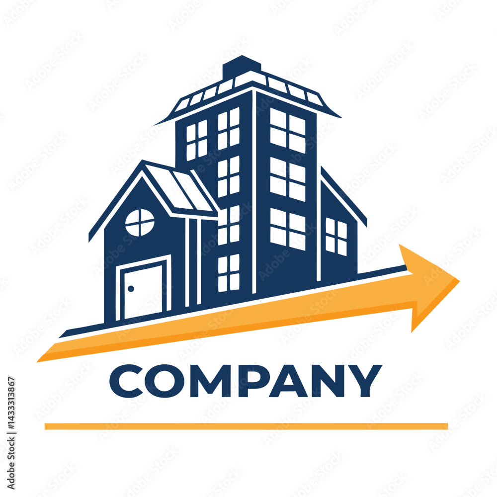 Fototapeta premium Buildings Silhouette Icon with Arrow Accent, Modern Architecture, Company Text Below