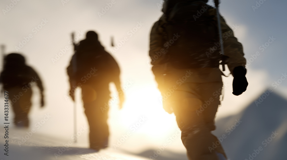 Hikers traverse snowy landscape, silhouetted against bright sunrise, showcasing determination and adventure in winter wilderness