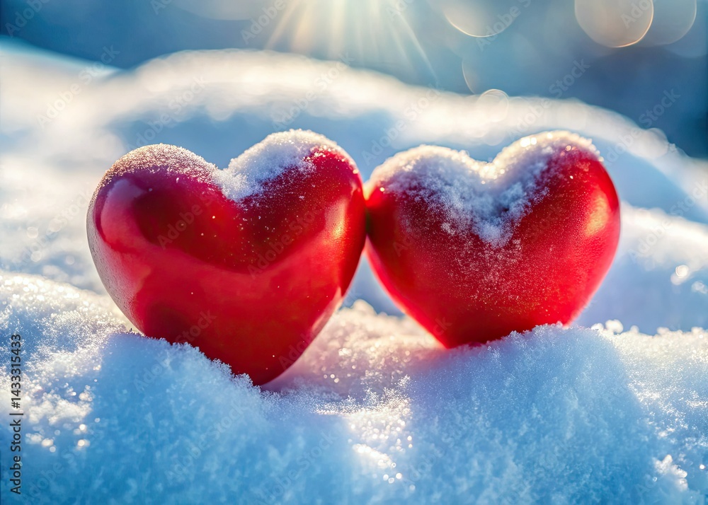 Fototapeta premium Valentine's Day Macro: Red Hearts in Snow - Romantic Winter Photography