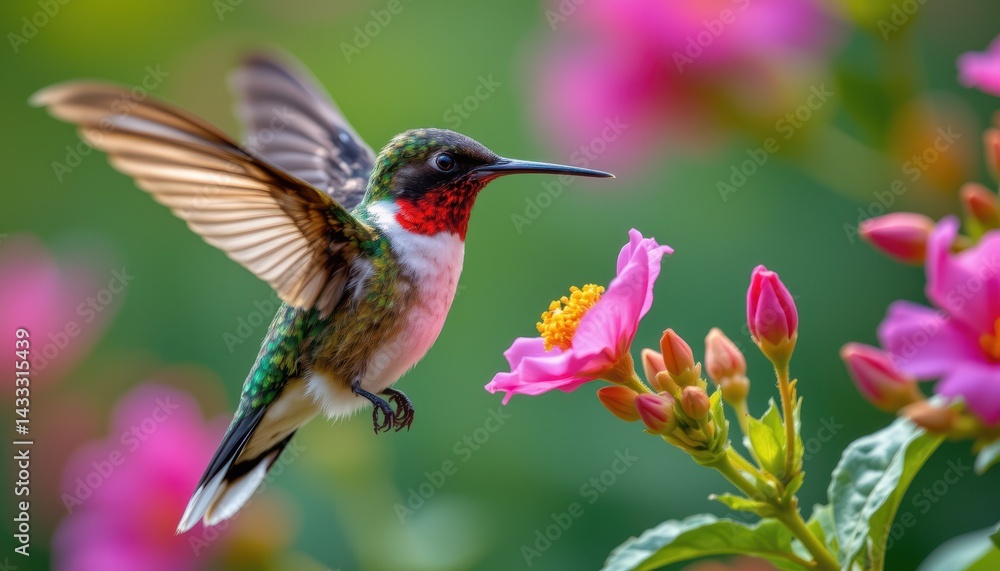 Fototapeta premium Scaly breasted hummingbird feeding on flower, vibrant macro nature detail