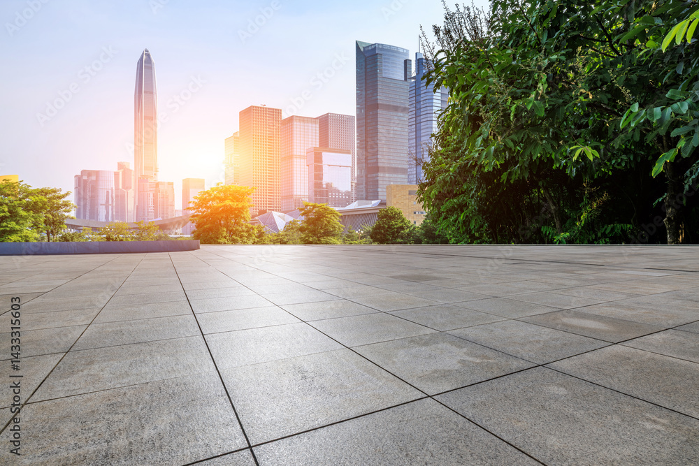 Empty square floor and city skyline with modern buildings in Shenzhen