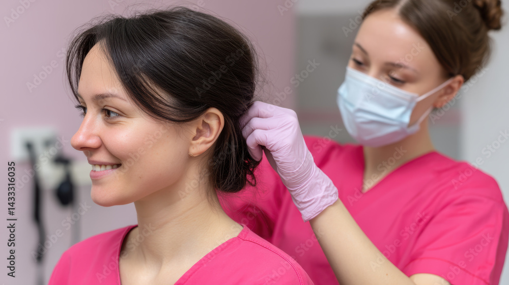 healthcare professional in pink scrubs is adjusting retainer on patient, who is smiling and appears relaxed. scene conveys sense of care and professionalism in dental or orthodontic setting