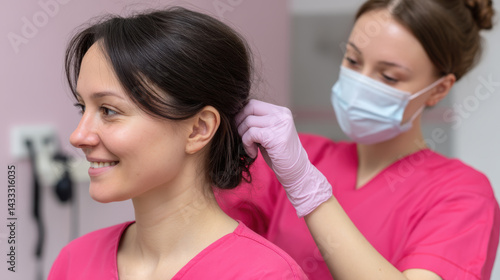 Obraz na płótnie healthcare professional in pink scrubs is adjusting retainer on patient, who is smiling and appears relaxed. scene conveys sense of care and professionalism in dental or orthodontic setting w salonie