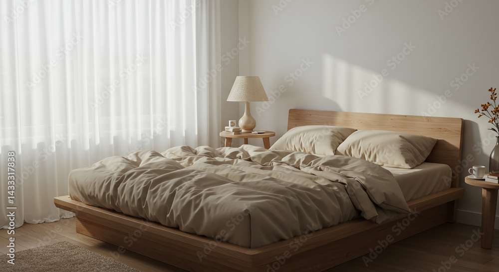 Bedroom shows Double Bed with Beige Bedding, Lamp, and Curtains in Neutral Colors Bedroom shows Double Bed with Beige Bedding, Lamp, and Curtains in Neutral Colors