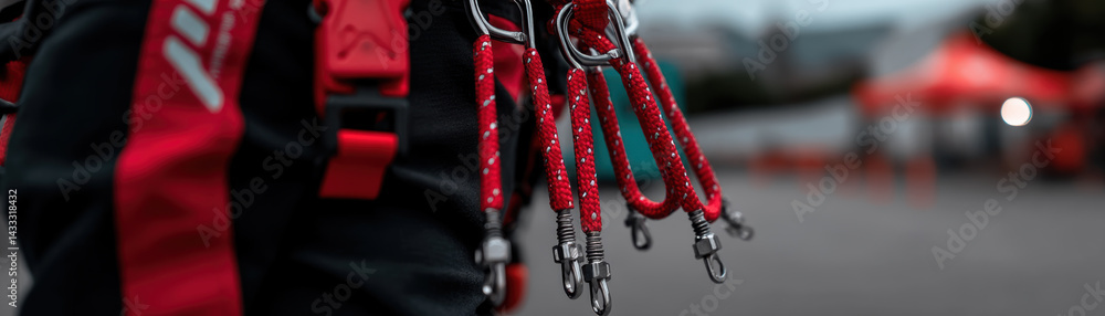 close up view of harness with red climbing carabiners attached, showcasing intricate details and vibrant colors. image conveys sense of adventure and readiness for outdoor activities