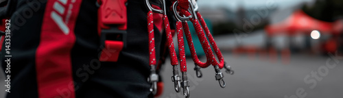 Obraz na płótnie close up view of harness with red climbing carabiners attached, showcasing intricate details and vibrant colors. image conveys sense of adventure and readiness for outdoor activities w salonie