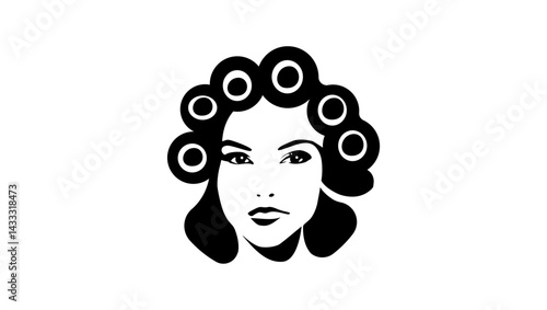 woman with hair curlers, black isolated silhouette