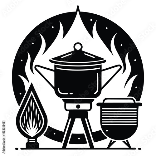 Camping Food & Cooking Gear vector silhouette illustration Camp stove and pot icon duo with stylized heat waves above