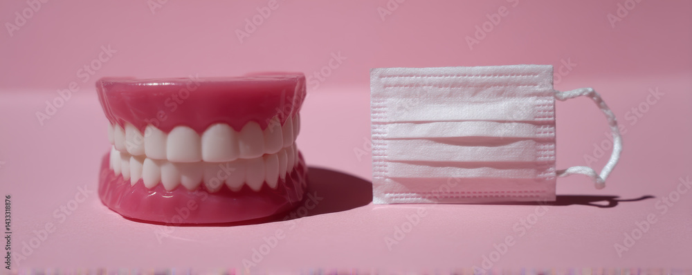 playful display featuring set of novelty teeth alongside medical mask, set against soft pink background. This evokes lighthearted approach to dental hygiene and health safety