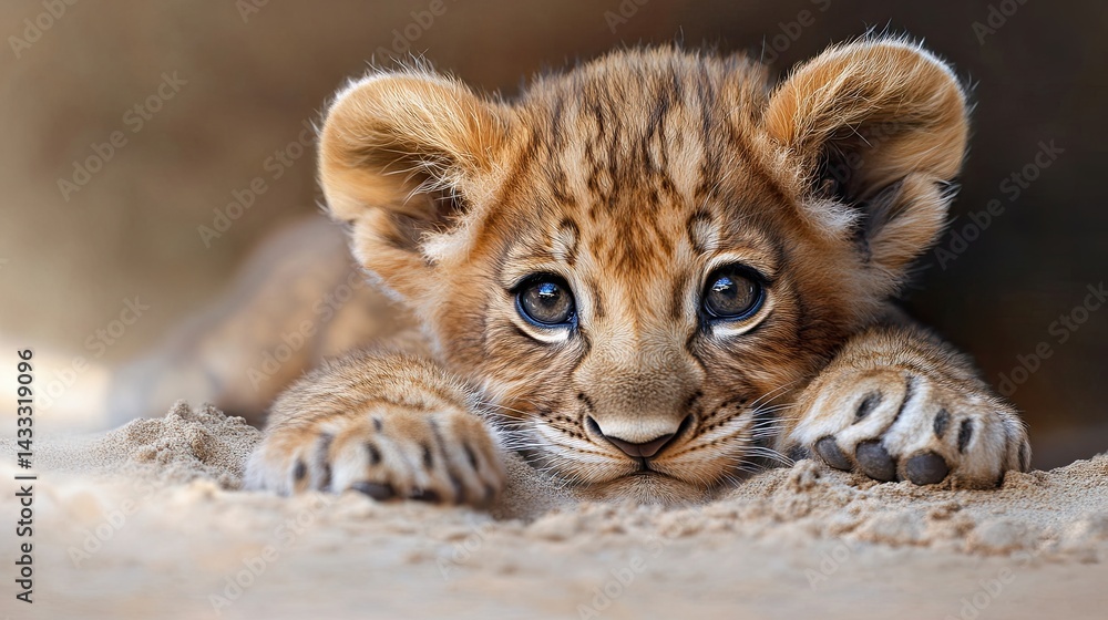 Fototapeta premium A baby lion cub playfully pouncing on its siblings, with its tiny paws making soft marks in the sand. 