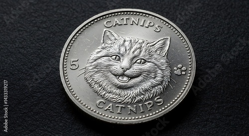 Humorous feline currency: A 'Catnips' coin showcasing a whimsical cat portrait