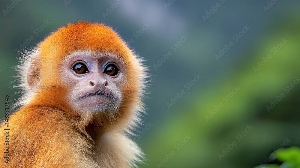 A close-up of a young Sichuan golden snub-nosed monkey with bright orange fur, looking curiously at the camera, set against a lush mountain backdrop. A close-up of a young Sichuan golden snub-nosed monkey with bright orange fur, looking curiously at the camera, set against a lush mountain backdrop.