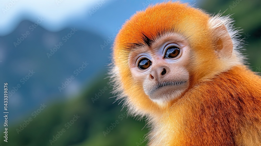Fototapeta premium A close-up of a young Sichuan golden snub-nosed monkey with bright orange fur, looking curiously at the camera, set against a lush mountain backdrop. 