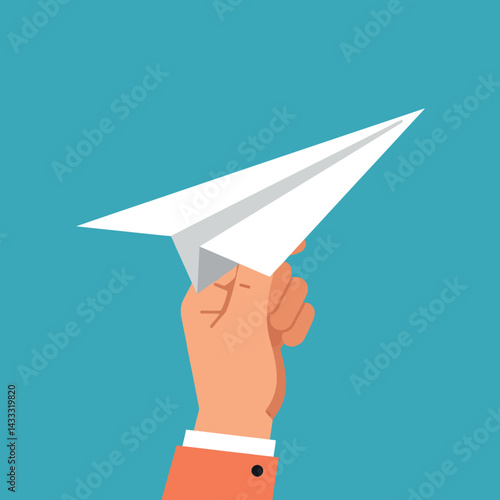 Hand Holding White Paper Airplane on Blue Background Vector Illustration 