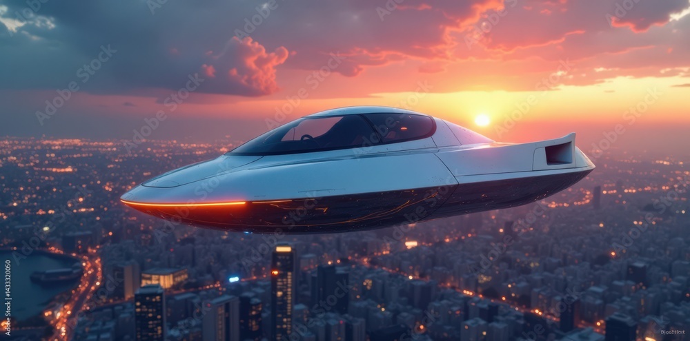 Sleek silver hovercraft hovering above futuristic cityscape at dusk, hovercraft, evening, space Sleek silver hovercraft hovering above futuristic cityscape at dusk, hovercraft, evening, space