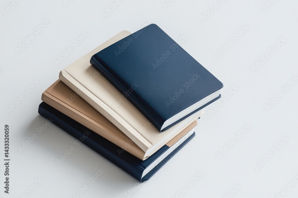 A stack of three notebooks in navy, beige, and cream, showcasing minimalist design and neutral colors. A stack of three notebooks in navy, beige, and cream, showcasing minimalist design and neutral colors.