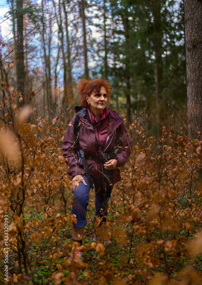 Photographer walking through forest undergrowth
