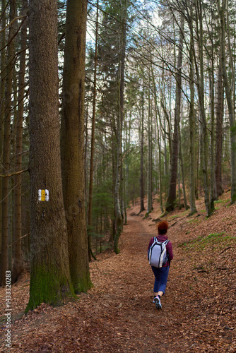 Female hiker walking along forest path with backpack