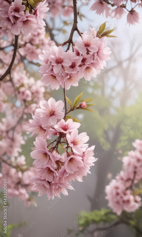 Fototapeta premium Soft pink sakura petals gently descend against a blurred spring backdrop , ethereal, romantic