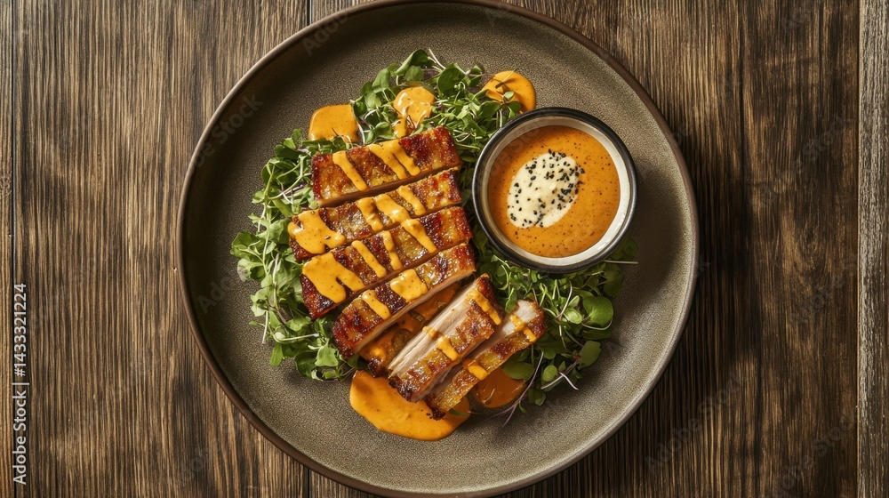 A rustic wooden table holding a round plate with golden crispy pork belly and dipping sauce A rustic wooden table holding a round plate with golden crispy pork belly and dipping sauce