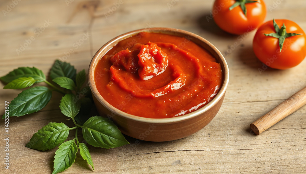 Delicious Tomato Sauce in a Bowl with Fresh Ingredients , mint leaves Delicious Tomato Sauce in a Bowl with Fresh Ingredients , mint leaves