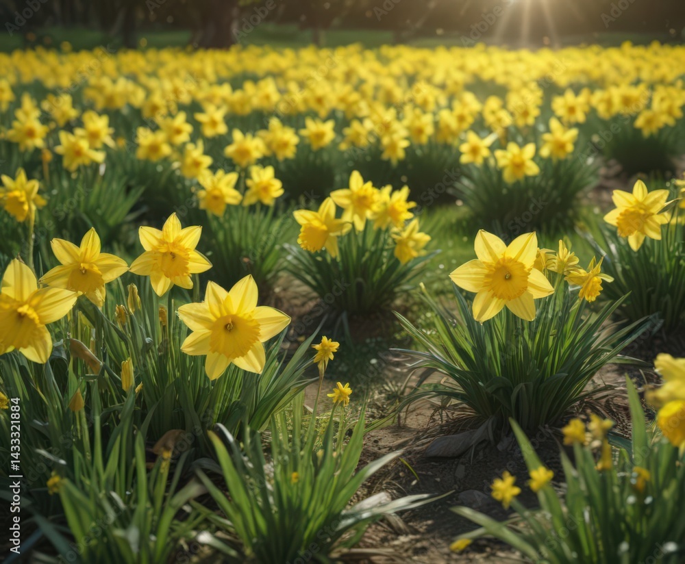 Fototapeta premium Sunlit daffodils burst forth in a vibrant yellow against a verdant field , field, wildflowers, green grass