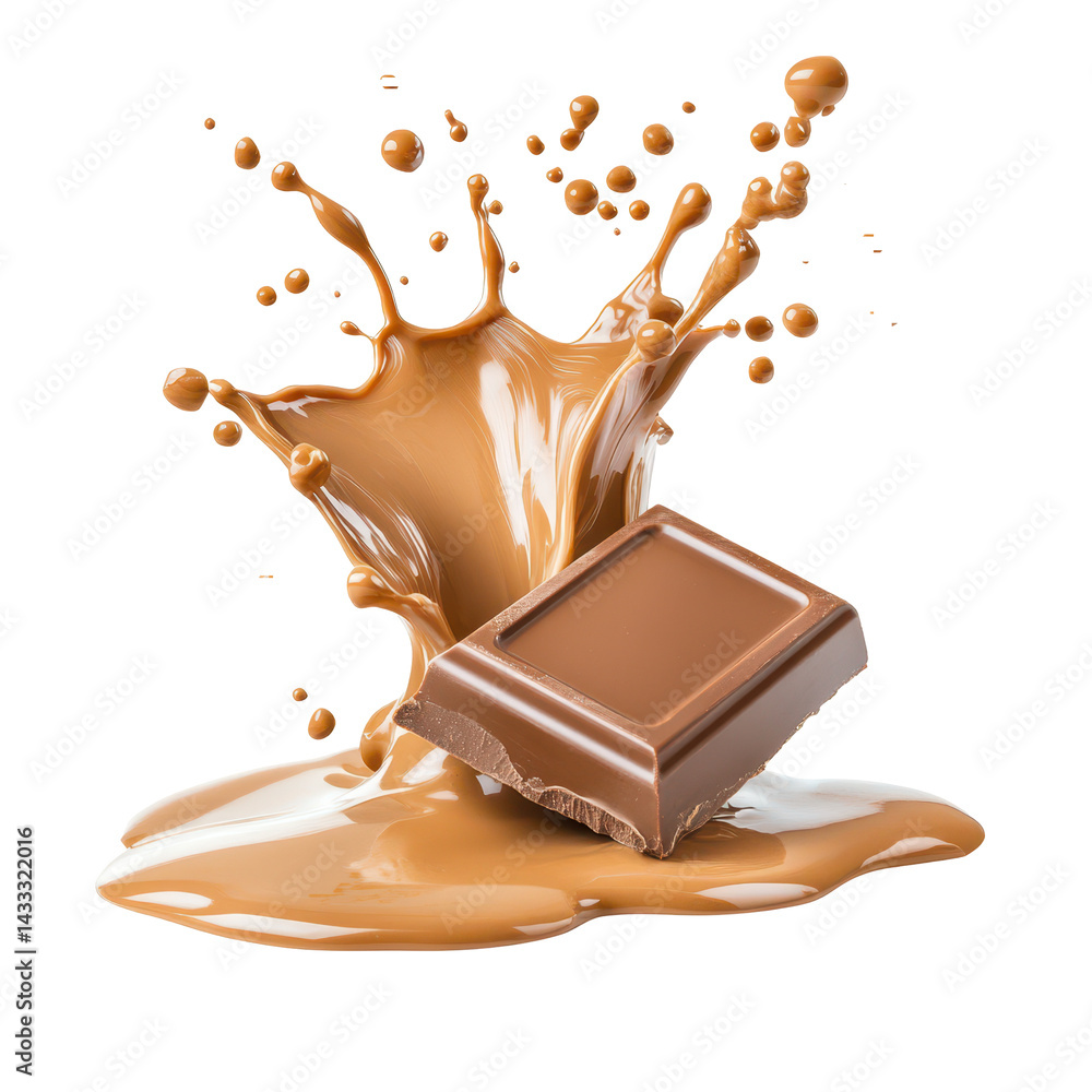 Chocolate Cascade: A vibrant capture of a piece of chocolate resting amidst a splash, creating a mouthwatering visual display that evokes feelings of indulgence and pleasure.