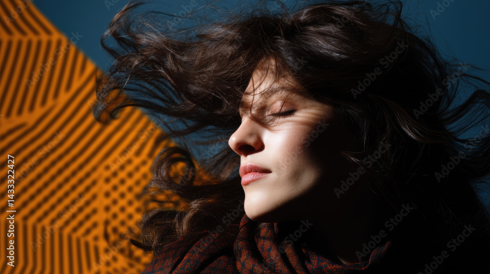 woman with flowing hair is captured in slow motion against vibrant background, showcasing sense of freedom and beauty. dramatic lighting enhances her features and movement of her hair